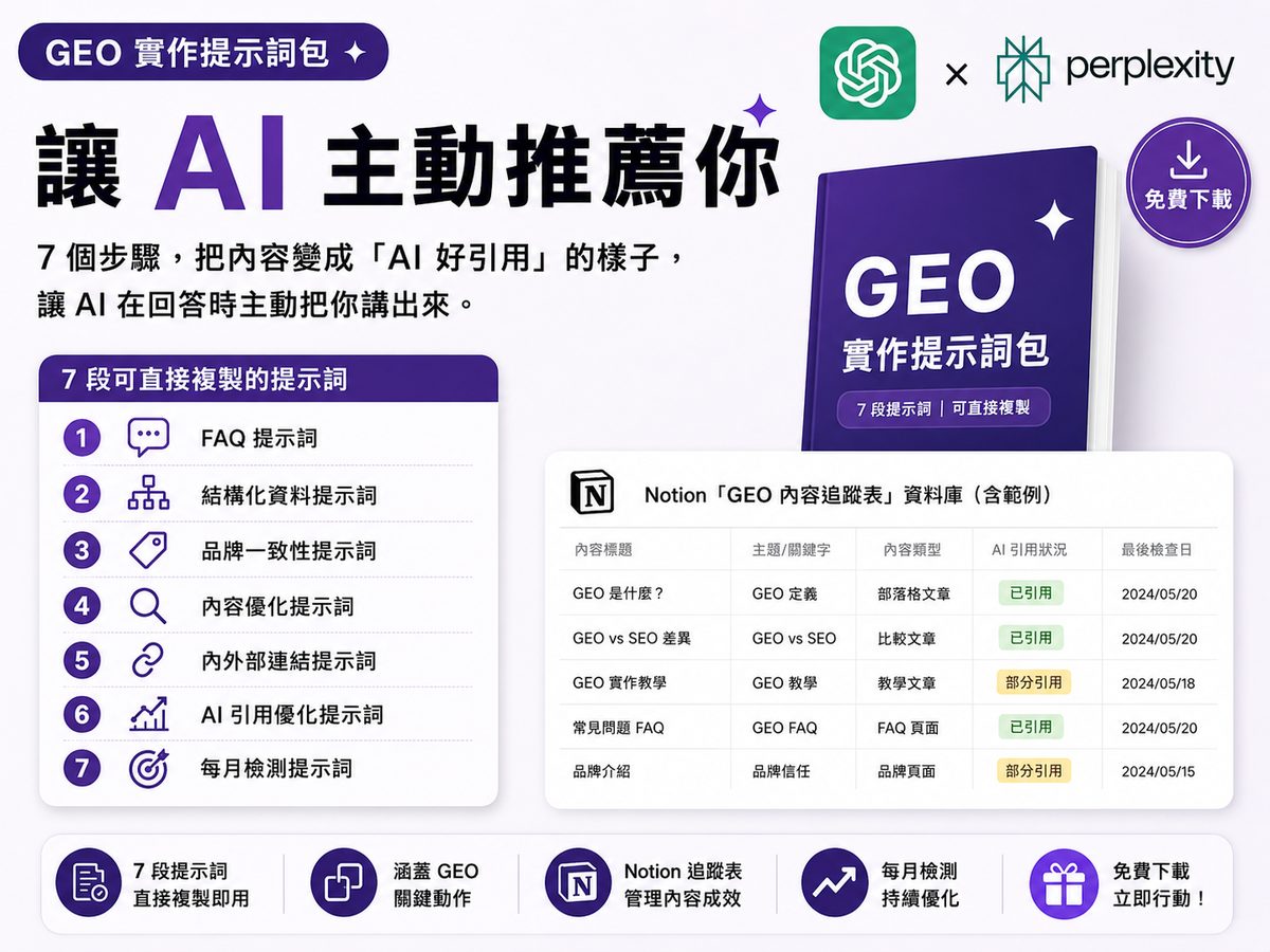 GEO 實作提示詞包|讓 ChatGPT、Perplexity 主動推薦你